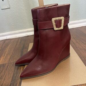Sam Edelman Burgundy Leather Wedge Ankle Boots with Gold Buckle